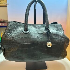 Furla Black Leather  Crocodile-Embossed Satchel EUC